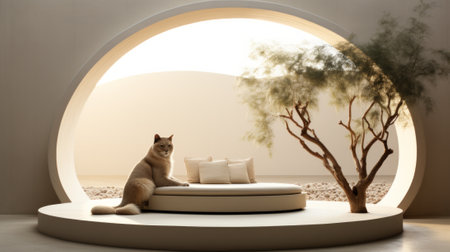 A content cat perches upon a circular throne, basking in the warmth of the indoor sun as it gazes out the window at the world beyond the tree-lined wallの素材