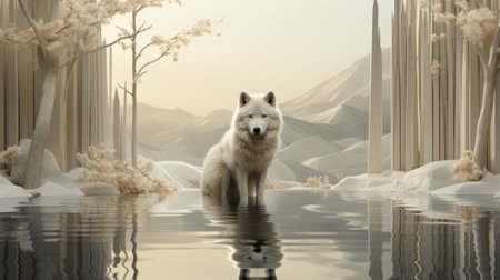 A majestic white wolf embraces the harsh winter landscape, its wild spirit at home in the icy waters of the mountain, a fierce and beautiful embodiment of untamed natureの素材