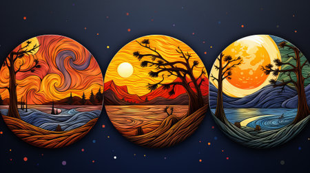 An ethereal fusion of celestial orbs and vibrant earthy hues evokes a sense of cosmic wonder in this abstract portrayal of nature's harmonious beautyの素材
