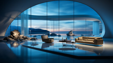 The indoor space exuded tranquility with its modern architecture, featuring window that reflected serene water outside, plush couch for lounging, and sleek table standing against wall on glossy floorの素材