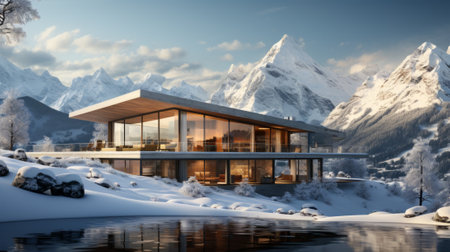 Amidst the wintry landscape, a grand house stands tall with a vast glass wall reflecting the snow-covered mountains, while a frozen lake sparkles in frontの素材