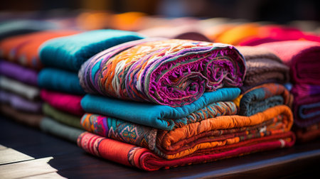 A vibrant display of woven thread, rich textiles, and soft fibers come together to create a kaleidoscope of colors, inviting you to snuggle up under a sea of purple clothsの素材