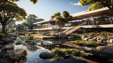 A tranquil oasis amidst the bustling city, the outdoor resort boasts a picturesque pond surrounded by lush trees, with the sky reflecting in the crystal clear waterの素材