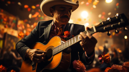 A fedora-clad musician strums his guitar with passion, commanding the stage at the lively concert as his clothing sways to the rhythm of his wild melodiesの素材