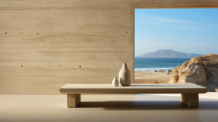 Amidst the vast expanse of sky and sand, a lone white vase sits on a wooden bench, gazing out at the endless landscape with quiet graceの素材