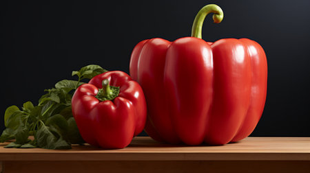 A vibrant and fiery duo of a ruby red bell pepper and a bold red capsicum, basking in the warm glow of a wooden surface, embodying the power and nourishment of nature's superfoodの素材