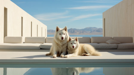 Two majestic huskies sit side by side, gazing up at the vast expanse of sky above them, their wild and playful spirits evident in their outdoor setting as they embody the purest form of companionshipの素材