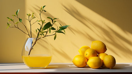 A vibrant burst of yellow and orange fruit dances alongside a potted plant, adding a touch of freshness to the indoor space against a wall of citron huesの素材