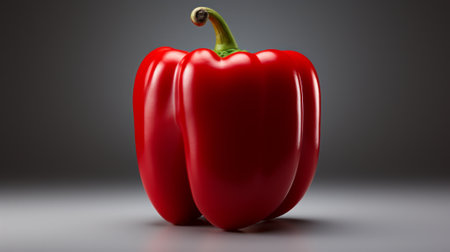 Vibrant and robust, a red bell pepper with green stem exudes a superfood aura, embodying the essence of fresh produce and the allure of indoor gardens, resembling a fiery apple waiting to be savoredの素材