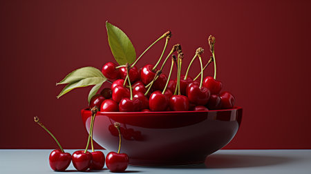 A vibrant bowl of succulent cherries sits atop a wooden wall, radiating the essence of superfood and the beauty of nature's produceの素材
