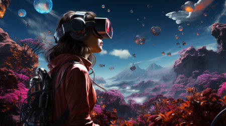 A wild and fluid anime-inspired woman donning goggles and headphones, stands on a reef, her clothing billowing in the wind, as she gazes up at the endless skyの素材