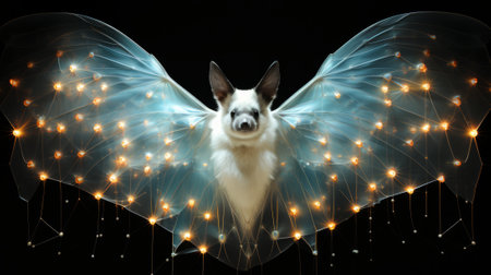 In the dark of night, a feline-like creature soars with ethereal radiance, its wings aglow with an otherworldly lightの素材