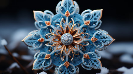In the crisp winter air, a delicate blue and gold snowflake blossoms like a wildflower, dancing among the outdoor landscape with grace and beautyの素材