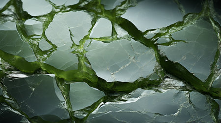 An intimate portrait of a weathered rock, adorned with delicate drops of water and surrounded by the untamed beauty of nature's reflectionの素材