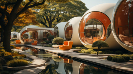 The towering trees mirrored in the sleek orange windows, reflecting a natural beauty against the modernity of the round white structuresの素材