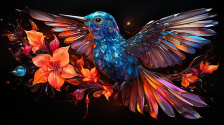 A vibrant bird takes flight, its intricate feathers a canvas of blooming flowers in a stunning display of living artの素材