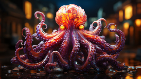 A vibrant creature of the sea, the red and purple octopus dances gracefully with its eight tentacles, embodying the untamed beauty of the invertebrate worldの素材