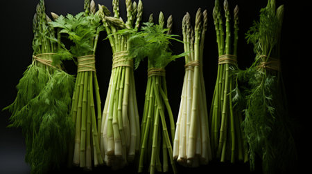 A verdant bundle of asparagus, bound by nature's hand, joins forces with its fellow green brethren, broccoli, in a vibrant display of unity and growthの素材
