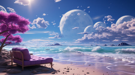 Amidst the endless expanse of sky and ocean, a lone couch sits on the sandy beach, inviting one to bask in the beauty of nature while lounging on its outdoor furnitureの素材