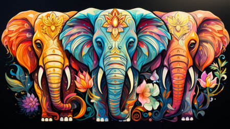 Vibrant brushstrokes bring a whimsical elephant to life, adorned with blooming flowers and evoking a sense of joy and creativity through artの素材