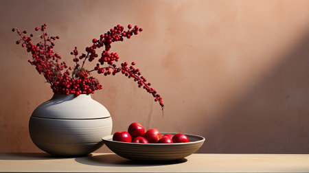 The vibrant hues of a red apple and floral vase contrast against a plain wall, bringing a burst of life and nature to the otherwise mundane indoor spaceの素材