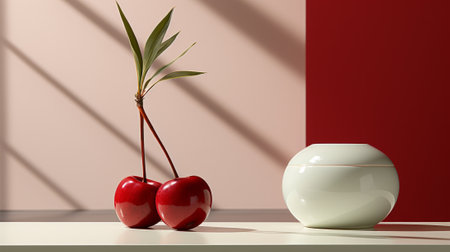 Vibrant red cherries embrace a delicate plant in an indoor oasis, adding a burst of natural beauty to the wall of a modern homeの素材