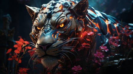 An otherworldly creature, part feline and part mythical beast, roars with vibrant energy amidst a bed of delicate flowers, a mesmerizing fusion of power and beauty in the realm of artの素材