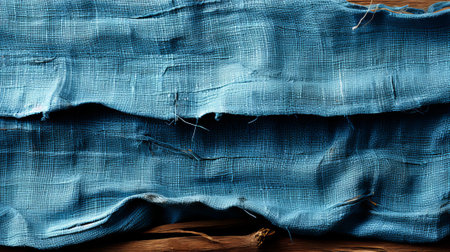 A surreal landscape emerges as a blue fabric flows atop a rugged wood surface, blending the primal elements of a cave with the abstract beauty of natureの素材