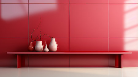 A vibrant red shelf adorns the wall, adorned with an eclectic mix of indoor vases and ceramic pitchers, creating a dynamic and modern design for any table or furniture pieceの素材