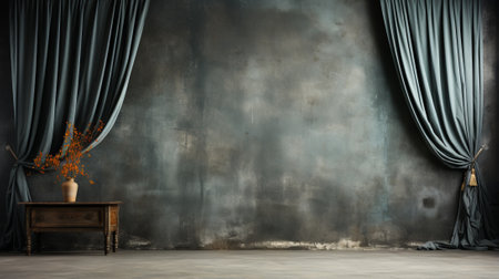 A dramatic scene unfolds as a lone chair and table stand against the wall, adorned with a flowing curtain, in a room that exudes a sense of mystery and intrigueの素材