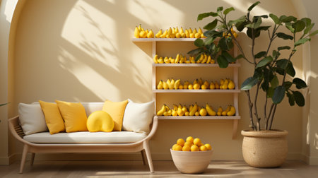A vibrant and eclectic indoor space, adorned with a sunny yellow loveseat, a variety of lush houseplants, and shelves filled with colorful fruits, all framed by a stunning wall designの素材