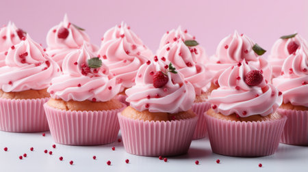 A delectable bunch of sweet treats adorned with rosy frosting and playful sprinkles, tempting the senses with their indulgent mix of creamy buttercream and fluffy meringueの素材