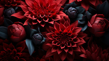 A vibrant cluster of crimson dahlias, their dark petals curling and intertwining in an indoor oasis of fiery passion and untamed beautyの素材