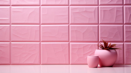 A vibrant and charming bathroom oasis, adorned with a mosaic of pink tile and accented by a pair of delicate flowerpots filled with lush houseplantsの素材