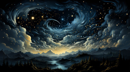 Vast, celestial canvas painted with swirling clouds and sparkling stars, a stunning fusion of nature and the endless expanse of the universeの素材
