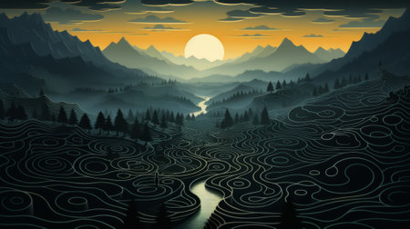 A tranquil valley, veiled in a soft morning fog, framed by majestic mountains and adorned with lush trees, is illuminated by the gentle rays of rising sun, inviting one to embrace beauty of natureの素材