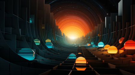 A mesmerizing journey through a vibrant tunnel filled with illuminated spheres, captured in a stunning imageの素材