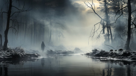 A solitary figure braves the wintry forest, surrounded by misty trees and a serene lake, immersed in the peaceful beauty of natureの素材