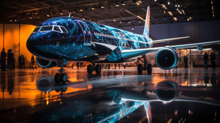 A majestic blue airliner, glowing with lights, prepares for takeoff, embodying the wonder and innovation of air travel and the expertise of aerospace engineeringの素材