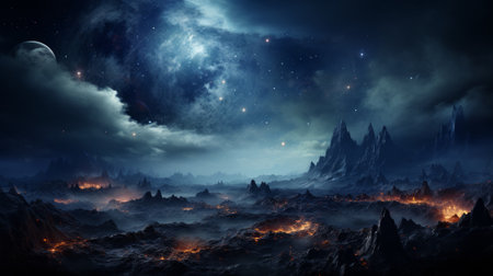 A stunning nighttime landscape featuring a fiery volcano, majestic mountains, and a dreamy sky full of wispy cloudsの素材