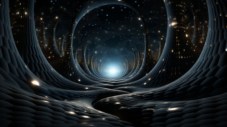 A mesmerizing journey through the depths of space, where darkness and light collide in a black and white tunnel illuminated by twinkling stars, evoking a sense of wonder and mysteryの素材