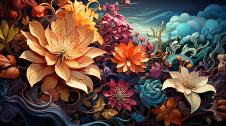 A vibrant painting of a lush reef bursting with colorful flowers and leaves, creating a captivating display of nature's artの素材
