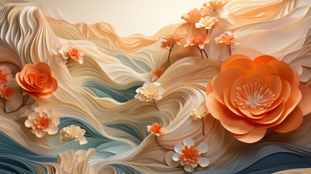 Vibrant strokes of peach and orange dance across the canvas, forming delicate paper flowers that float upon a sea of gentle wavesの素材