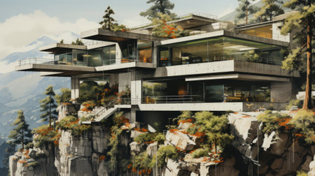 A majestic painting of a group of people standing outside a stunning building perched on a cliff, with a breathtaking view of the sky, tree, clouds, and mountains in the backgroundの素材