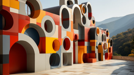 Vibrant hues of orange dance across the outdoor canvas, framing the majestic mountains in the background as the sky peeks through round holes, creating a captivating piece of art on the earthy groundの素材