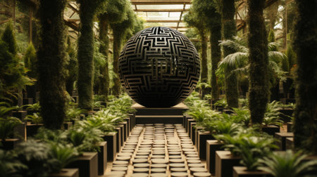Nature's perfect harmony captured in a mysterious image of a solitary black orb encircled by flourishing foliage in a peaceful outdoor sanctuaryの素材