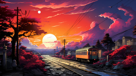 As the evening sky fades into a sunset, a train chugs along the tracks surrounded by trees and powered by electricity, creating a picturesque scene of movement and tranquilityの素材