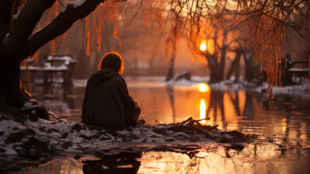 As the sun sets behind the snow-covered trees, a solitary figure sits on a rock in the icy waters of the river, reflecting on the raw beauty of nature in the midst of winterの素材