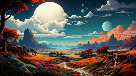 A tranquil evening scene, as the moon peeks through the clouds casting a soft glow over the breathtaking landscape of majestic mountains, lush trees, and a winding riverの素材
