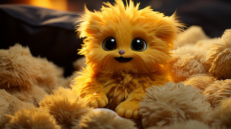 A beloved indoor companion, this yellow stuffed toy with big brown eyes brings a touch of whimsy and comfort to any spaceの素材